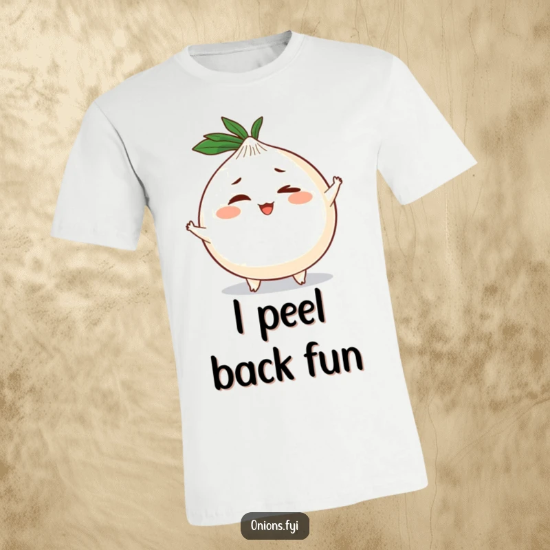 Funny t-shirt showcasing a plump onion character with small arms and legs, doing a mischievous wink, radiating playful energy.