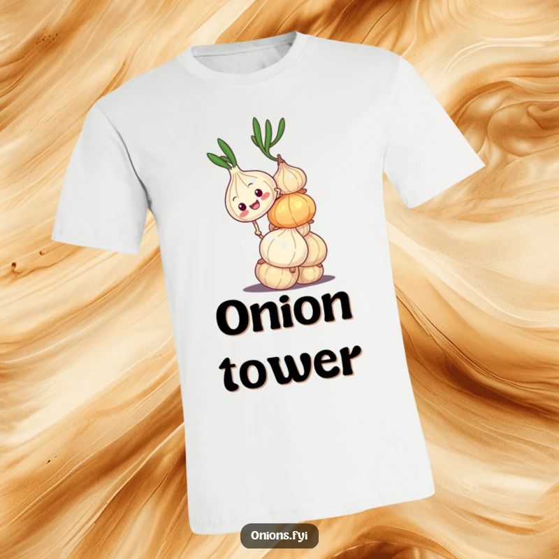 Funny t-shirt showcasing an onion character attempting to climb a wobbly onion stack, representing life's humorous challenges. Perfect gift.