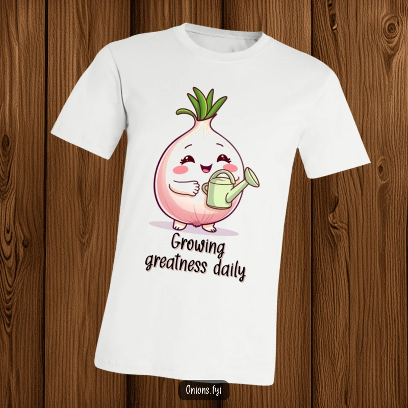 Funny T-Shirt: Proud onion character holding a miniature watering can, expressing dedication to plant care and gardening joy. A great funny gift.