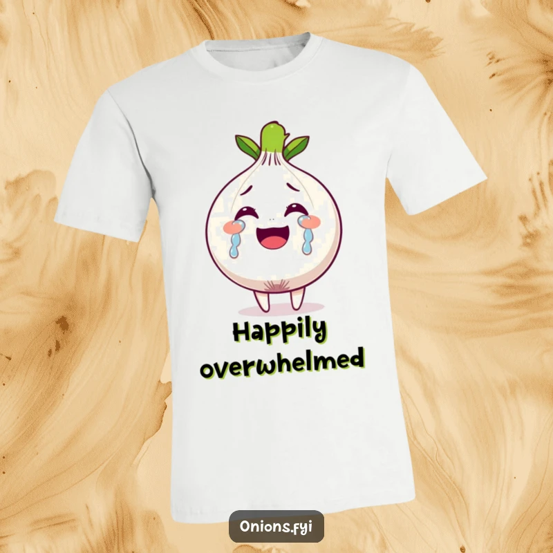 Funny t-shirt depicting an onion character shedding tears of joy, representing an overflow of happiness and emotion.