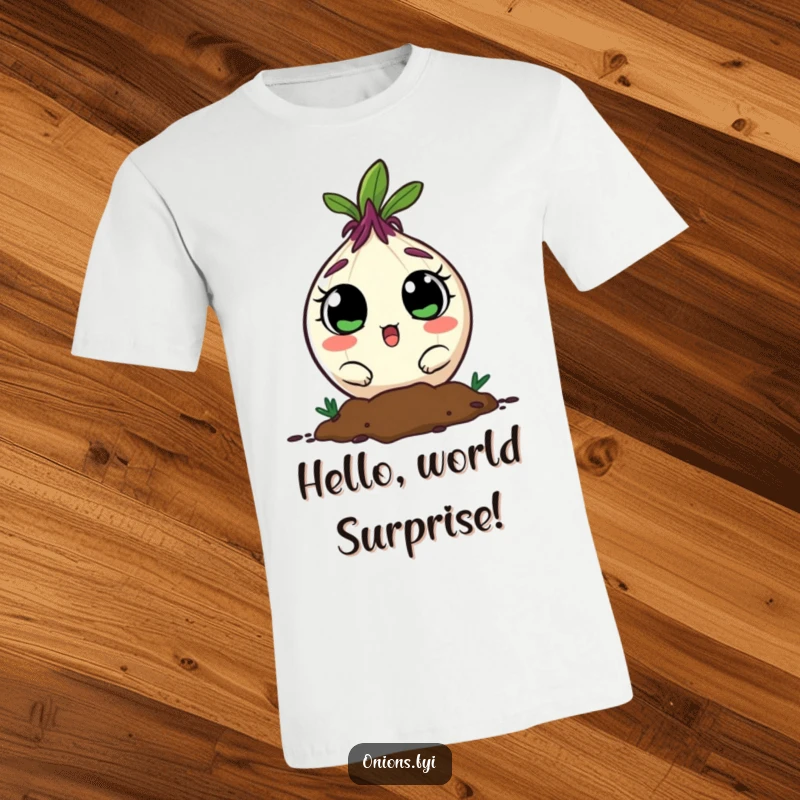 Funny onion peeking from soil with wide, surprised eyes, a humorous and relatable t-shirt design.