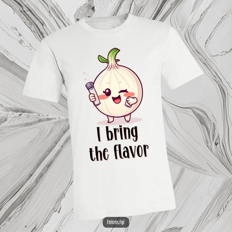 Funny Onion T-Shirt: Mischievous onion character winks, offering a sparkling salt shaker, a hilarious gift idea.