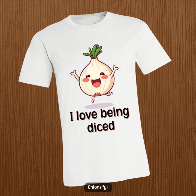 Funny Onion T-Shirt: A kawaii onion bounces with glee, happily transformed into fun shapes after being chopped.