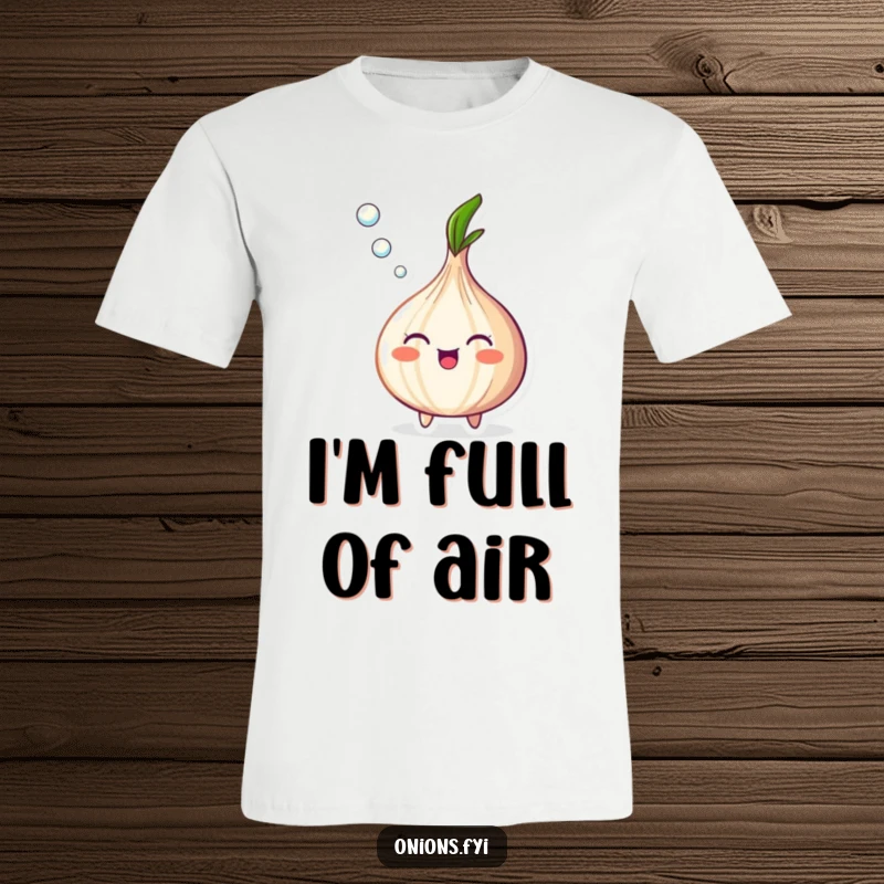 Funny Onion T-Shirt showing a happy onion joyfully blowing a stream of tiny bubbles upwards, a hilarious sight.