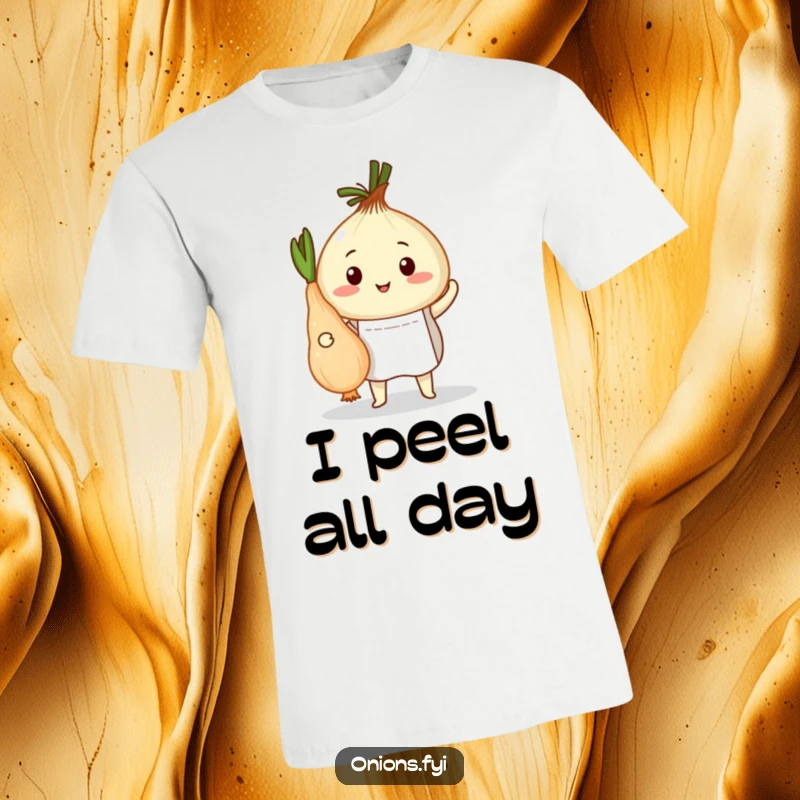 Funny t-shirt with an onion chef in an apron proudly presenting a peeled root vegetable, showcasing cooking prowess humorously.