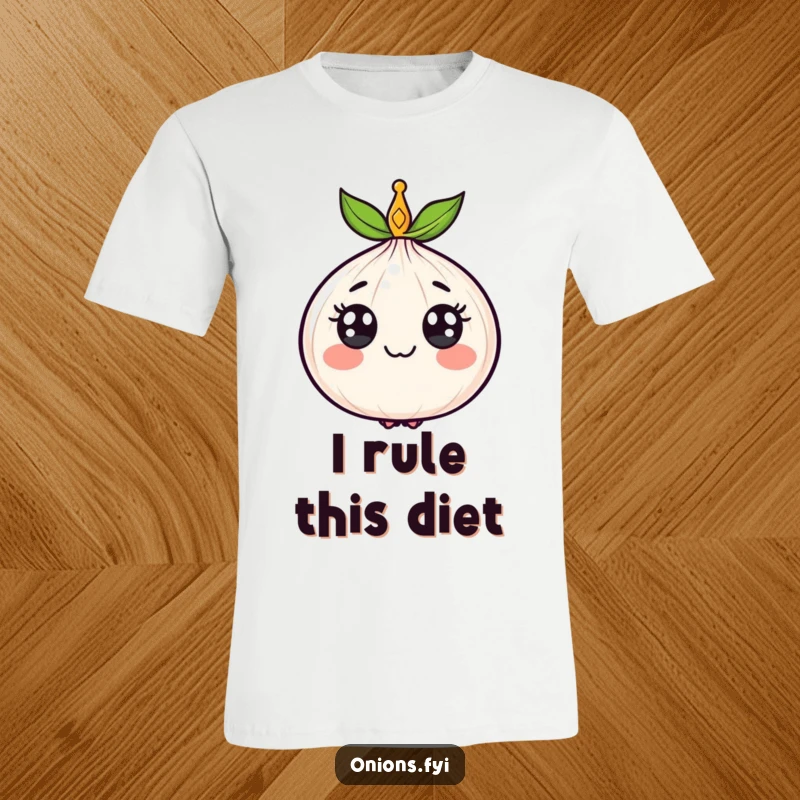 Funny t-shirt showcasing a smiling onion wearing a miniature crown, radiating regal joy and vegetable-themed humor.