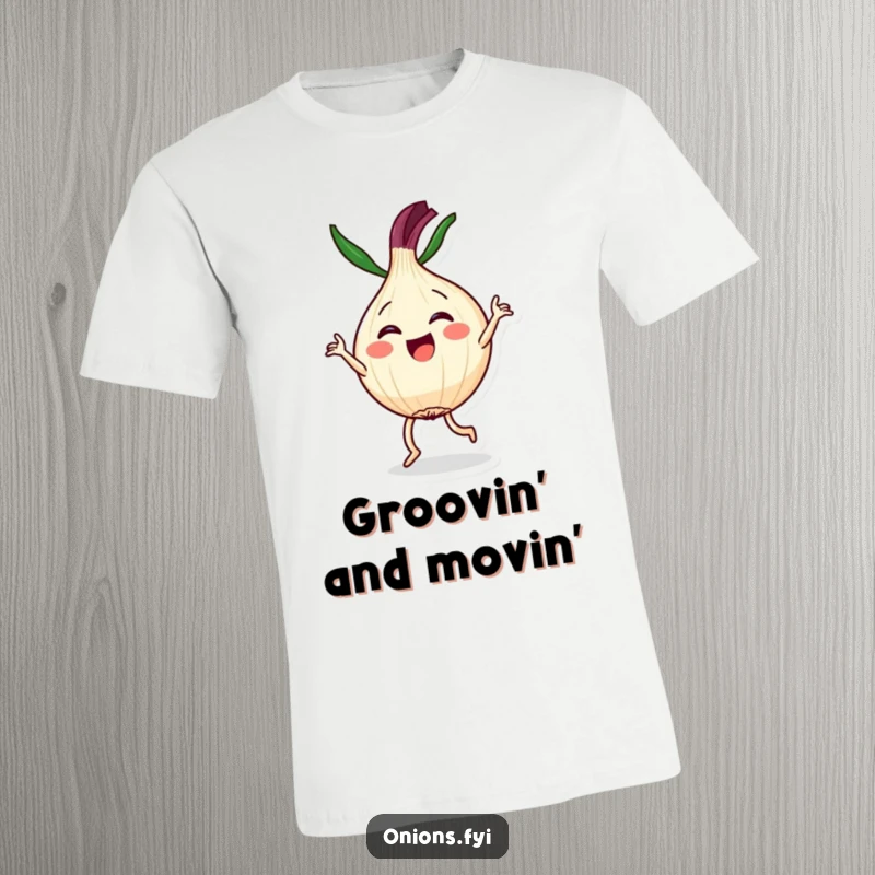 Funny t-shirt featuring a Kawaii onion character joyfully performing a dramatic dance routine, perfect for a cute and funny gift.