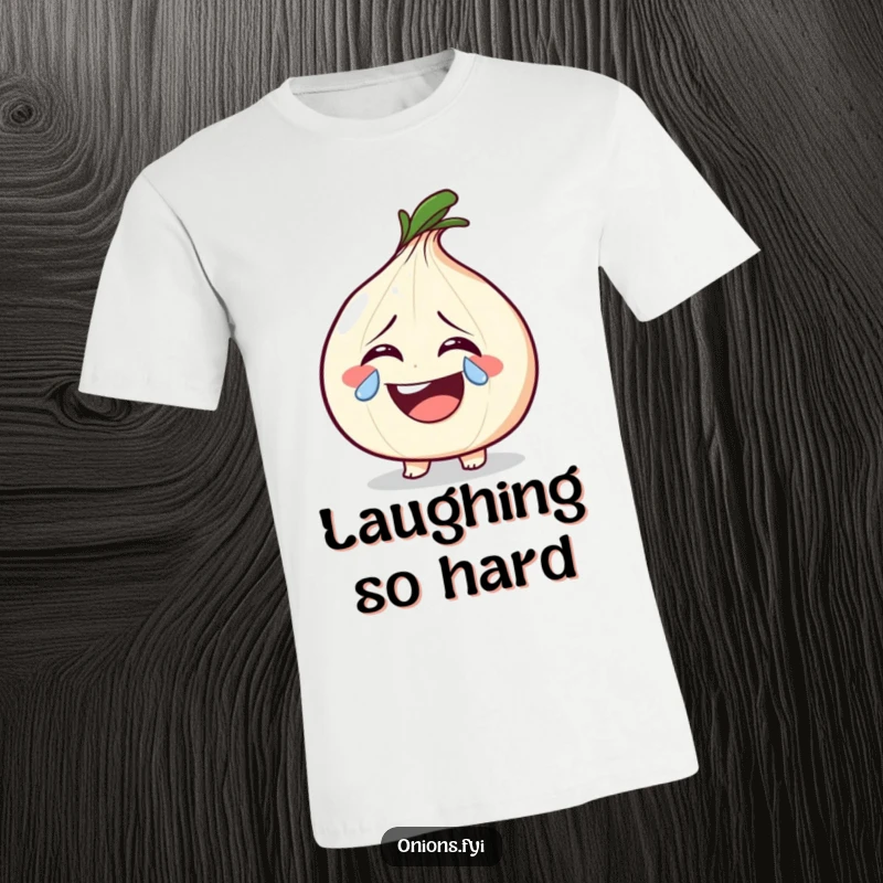 Funny onion character crying a sparkly tear from laughter on a t-shirt, conveying extreme amusement and happiness.