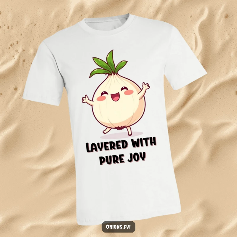 Funny Onion T-Shirt: A joyful onion character performs a silly dance, its leafy top spinning wildly, very funny.