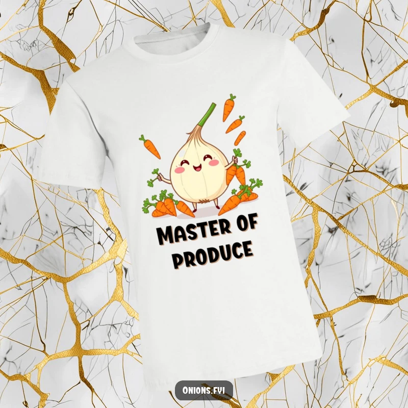 Funny Kawaii Onion Juggling T-Shirt: Adorable onion character joyfully juggling carrots, great funny gift.