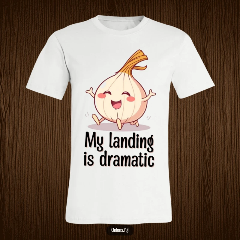 Funny t-shirt with a happy onion character tripping over and landing with a comical flourish.