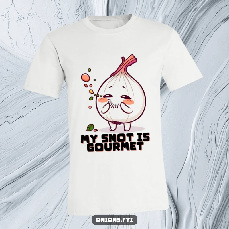 Funny t-shirt with an onion character sneezing a cloud of savory herb dust, capturing a moment of aromatic chaos.