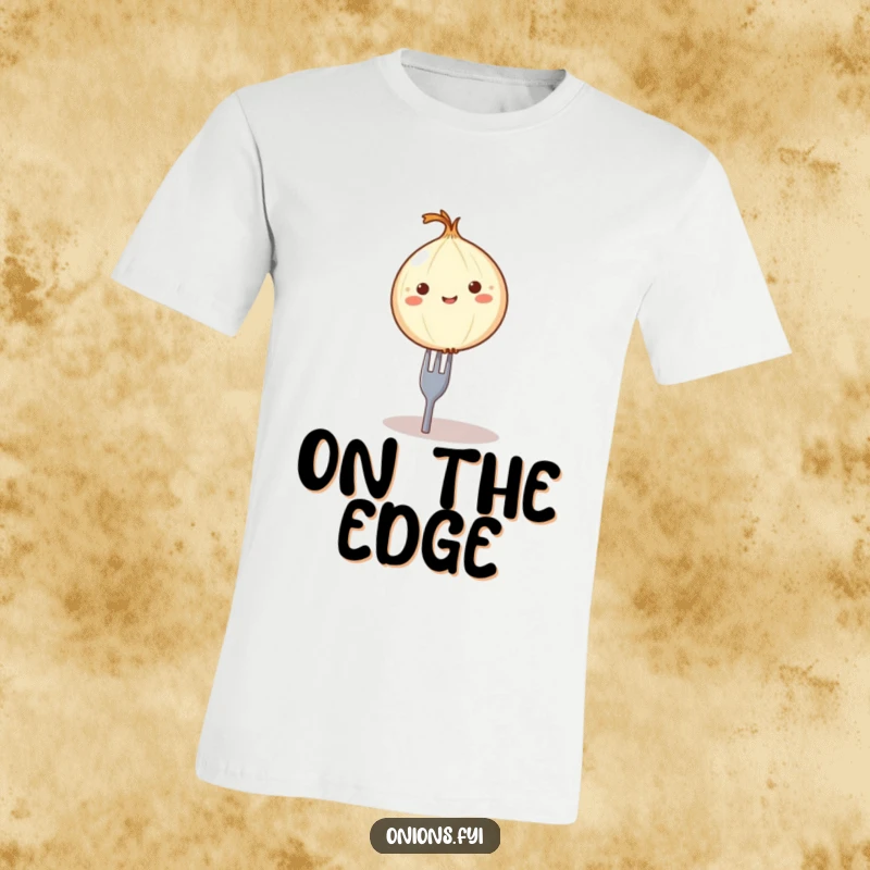 Funny onion on fork t-shirt, a round onion character comically balancing on a tiny fork, whimsical food art.