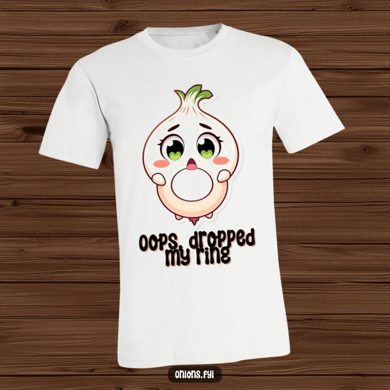 Funny onion character surprised, dropping large onion ring, wide eyes, funny t-shirt gift.