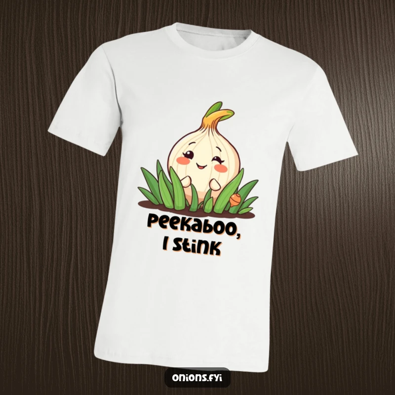 Funny t-shirt with a happy onion character mischievously peeking from a lush garden patch with a big grin.