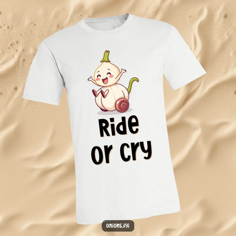 Funny t-shirt depicting an onion character joyfully riding a rolling garlic clove, symbolizing a humorous veggie journey.