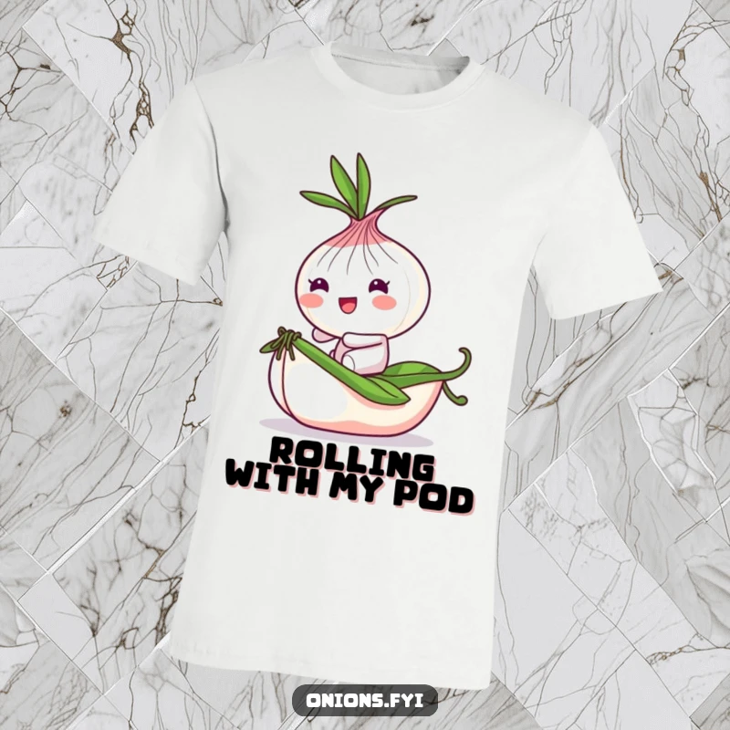 Funny Onion T-Shirt: A playful onion character bounces joyfully while riding a small, rolling pea, very amusing.