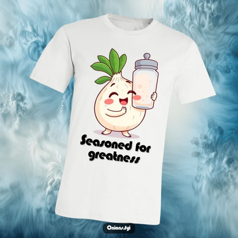 Funny Onion T-Shirt: A cute kawaii onion winks mischievously, holding a jumbo salt shaker, a hilarious culinary statement.