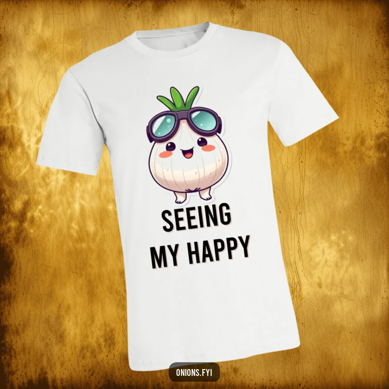 Funny goggle onion t-shirt, an onion character wearing oversized goggles, looking surprisingly happy and excited for adventure.