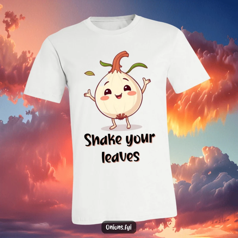 Funny dancing onion t-shirt, a smiling onion character playfully dancing with leaves flying, expressing pure happiness.