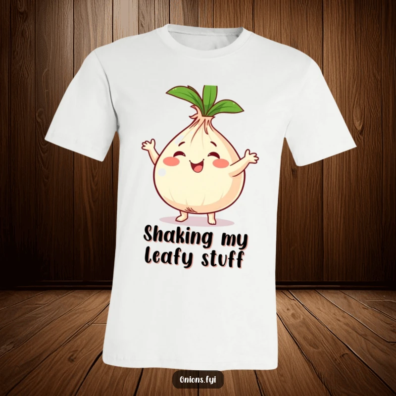 Funny happy onion character boogying with swaying green tops, printed on a t-shirt, expressing pure joy.
