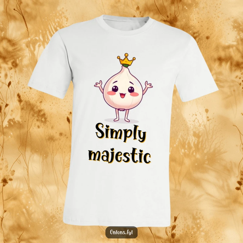 Funny t-shirt depicting a proud onion character adorned with a tiny crown, striking a confident and regal pose.