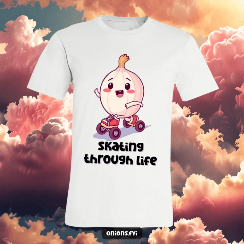 Funny t-shirt featuring a happy onion character in tiny roller skates, depicted in motion with a joyful expression.