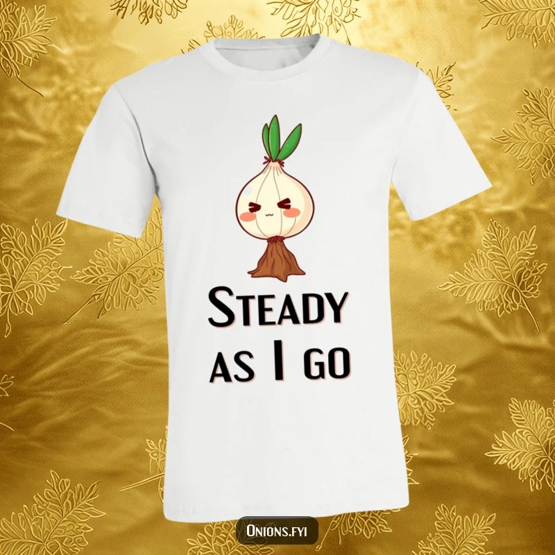 Funny t-shirt with a determined onion character balancing precariously on one root, showcasing effort and focus.