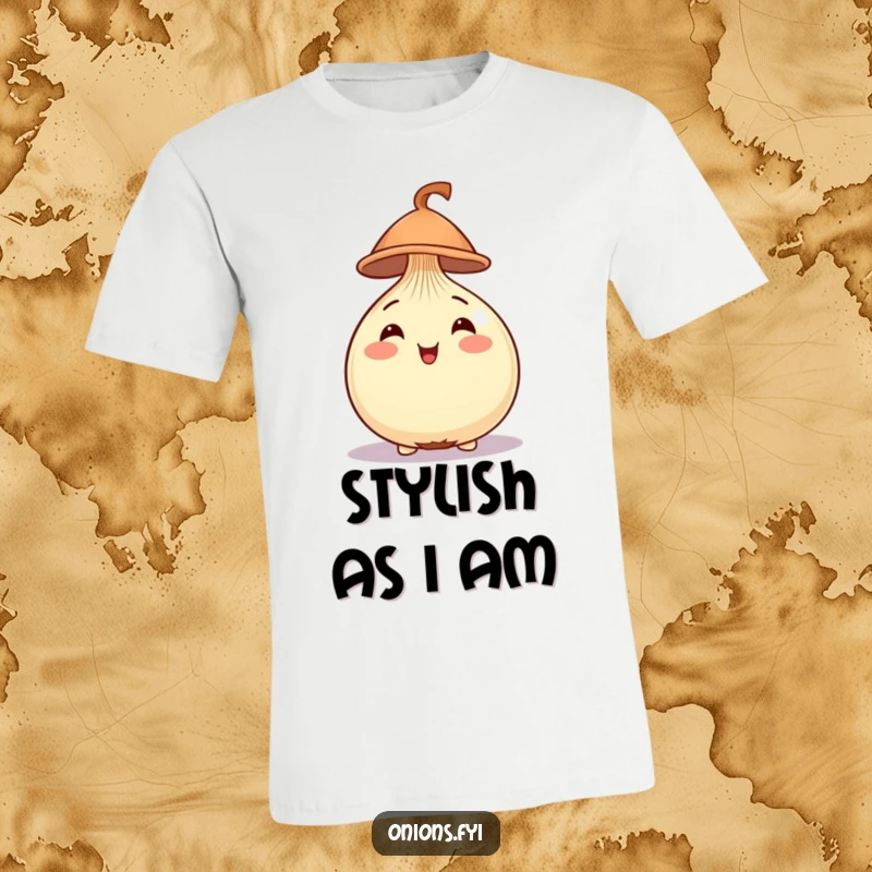 Funny Onion T-Shirt depicting a cheerful onion wearing a tiny hat on its round head, looking quite pleased.