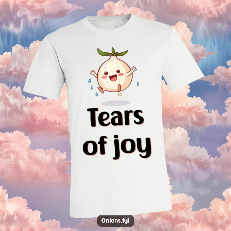Funny onion character performing a cartwheel with tears streaming, a humorous t-shirt expressing mixed emotions.