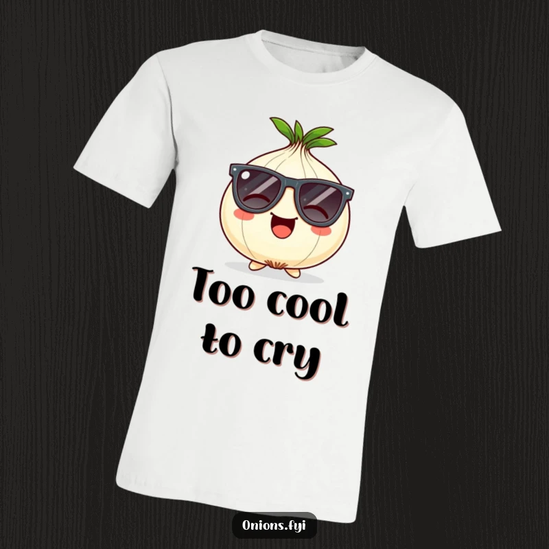 Funny Onion T-Shirt: A giggling onion character sports oversized, comical sunglasses, looking incredibly cool and funny.