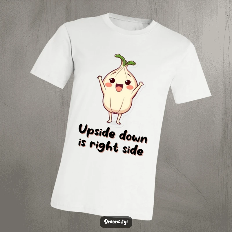 Funny t-shirt showcasing a cute, smiling onion character in an energetic headstand, perfect for yoga lovers and anyone who enjoys a veggie laugh.