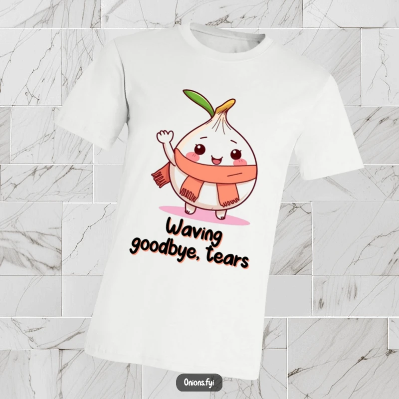 Funny t-shirt with a joyful onion character wearing a tiny scarf and waving happily.