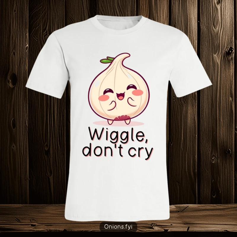 Funny T-Shirt: Cute Kawaii onion character performing a funny, energetic wiggle, expressing happiness and charm. A great funny gift.