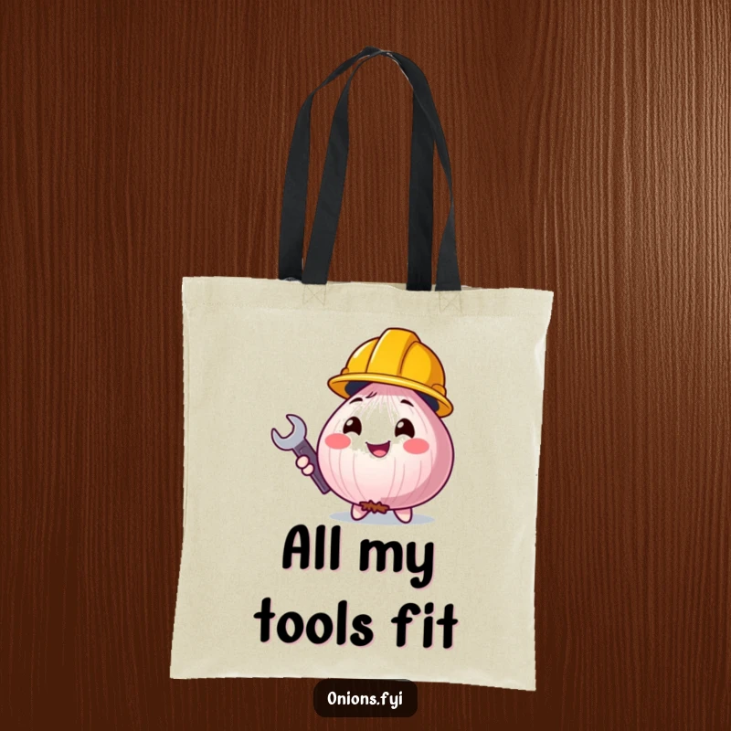 Funny onion character with a construction helmet and wrench, a practical and humorous tote bag for carrying items.