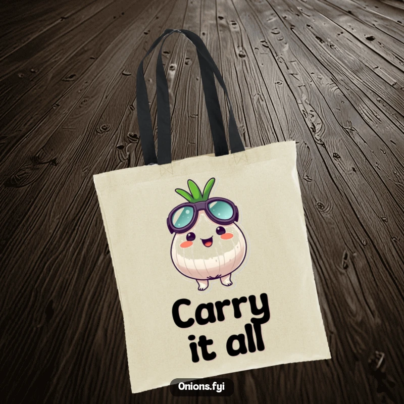 Funny goggle onion tote bag, an onion character wearing oversized goggles, looking surprisingly happy, perfect for travelers.