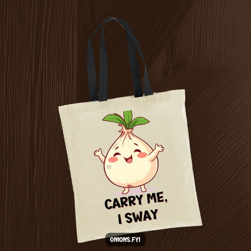 Funny onion character dancing with motion lines, on a tote bag, perfect for spreading joy and laughs.