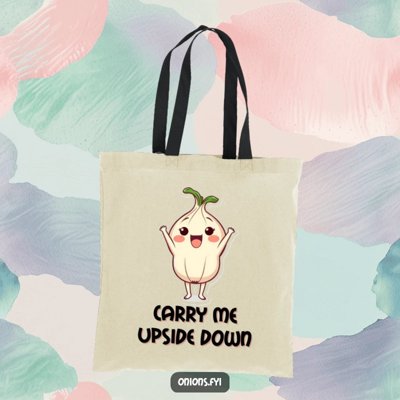 Funny tote bag with a cute onion character energetically balancing in a headstand, ideal for cheerful grocery trips or as a humorous accessory.