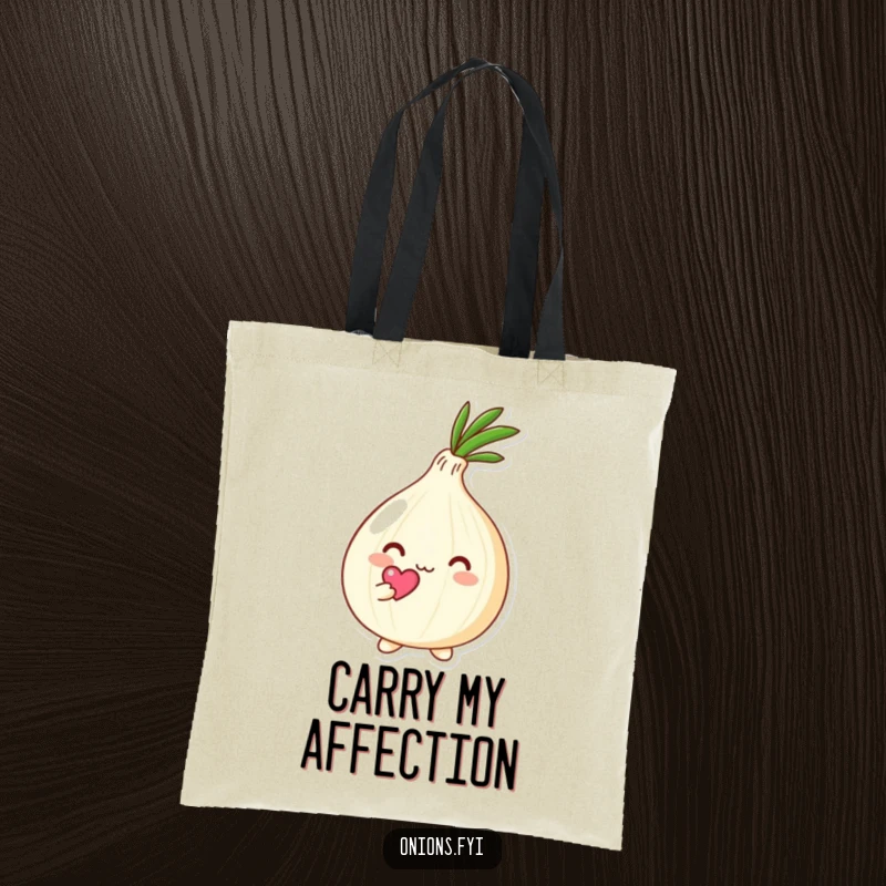 Funny Kawaii onion character holding a small heart above its head with affection, durable tote bag with cute and loving theme, practical accessory.