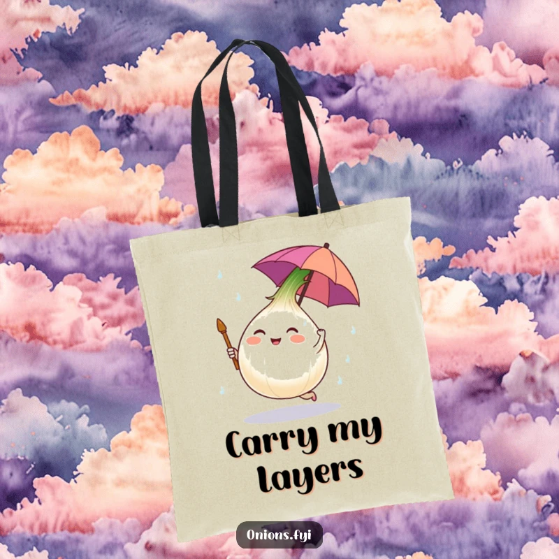 Funny tote bag showing an onion character with an umbrella dancing in salt rain, a humorous accessory for embracing emotions.