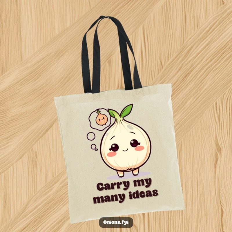 Funny Onion Tote Bag featuring a cartoon onion with a winking onion in its thought bubble, perfect for shopping.