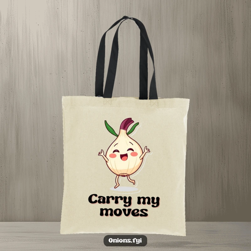 Funny tote bag with a Kawaii onion character joyfully performing a dramatic dance routine, perfect for carrying items with flair.