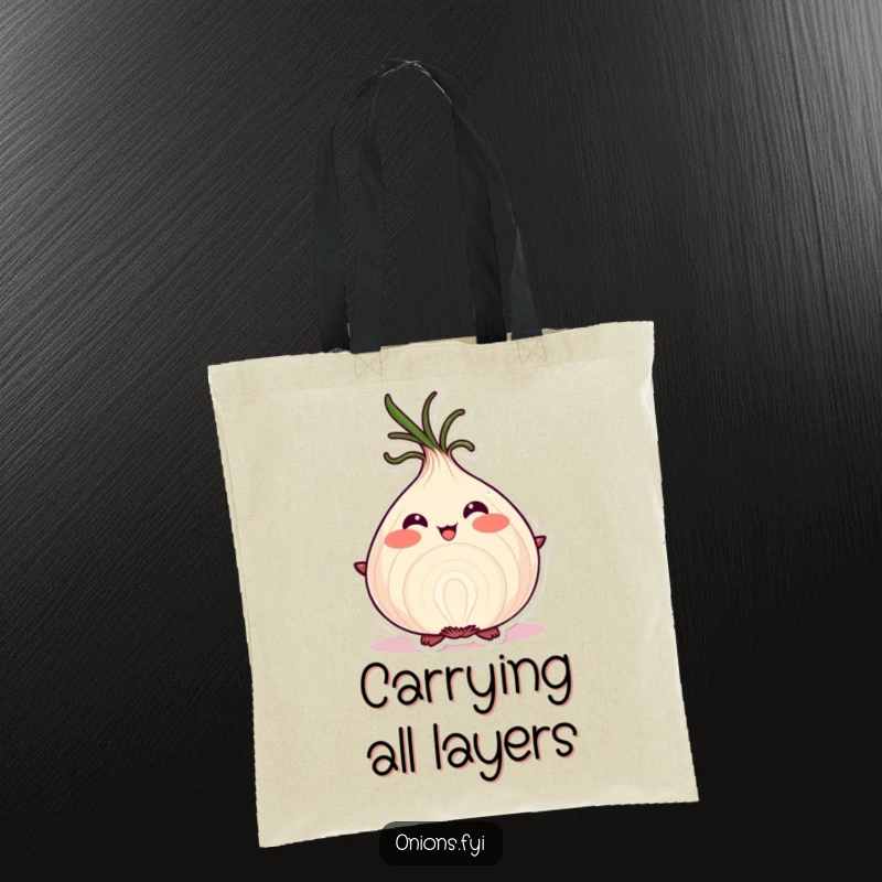 Funny onion character blushing with pride, displaying its layers on a tote bag, symbolizing self-worth.