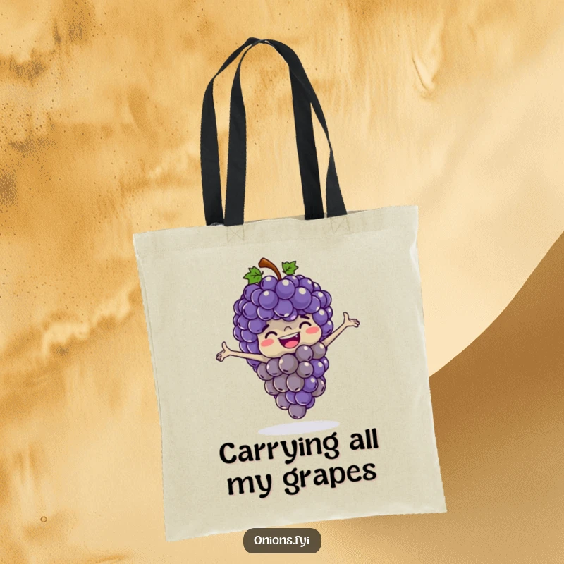 Funny grapes tote bag, a bunch of happy grapes playing leapfrog with their arms outstretched, vibrant and humorous.