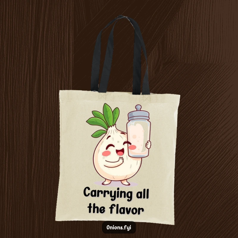 Funny Onion Tote Bag: A winking kawaii onion proudly displays a massive salt shaker, a stylish and humorous grocery companion.