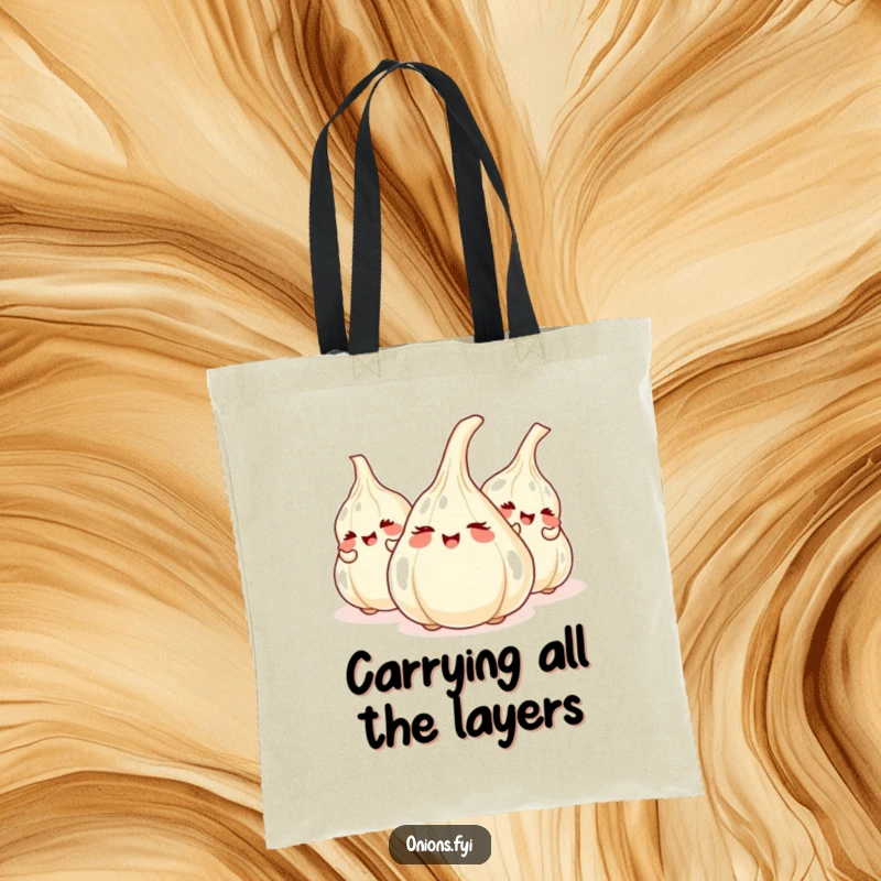 Funny tote bag showcasing giggling onions playing hide-and-seek behind garlic cloves, a whimsical vegetable-themed accessory.
