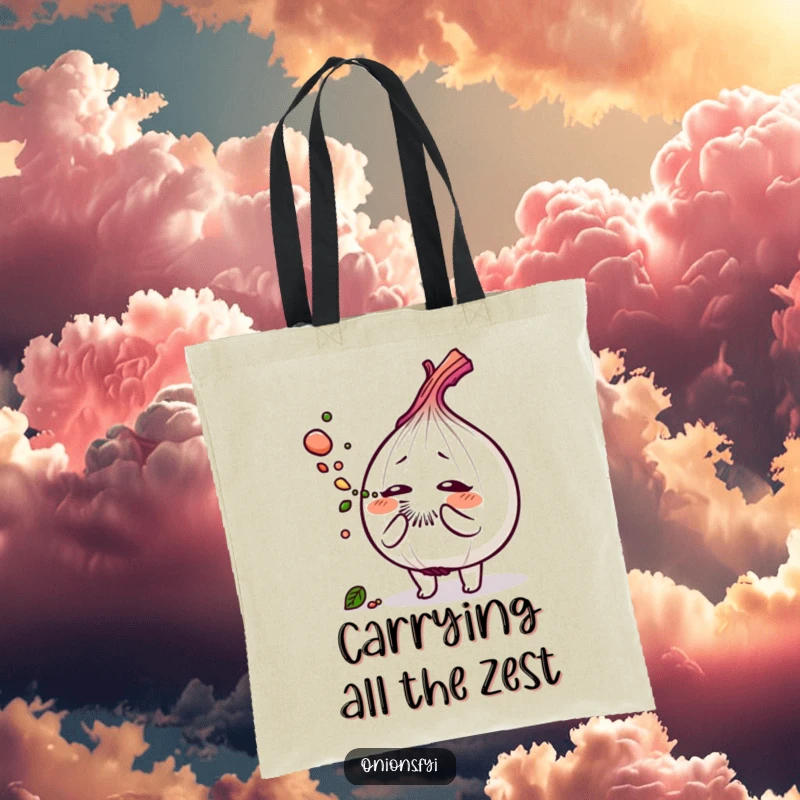 Funny tote bag featuring an onion character mid-sneeze, showering a playful cloud of savory herb dust.