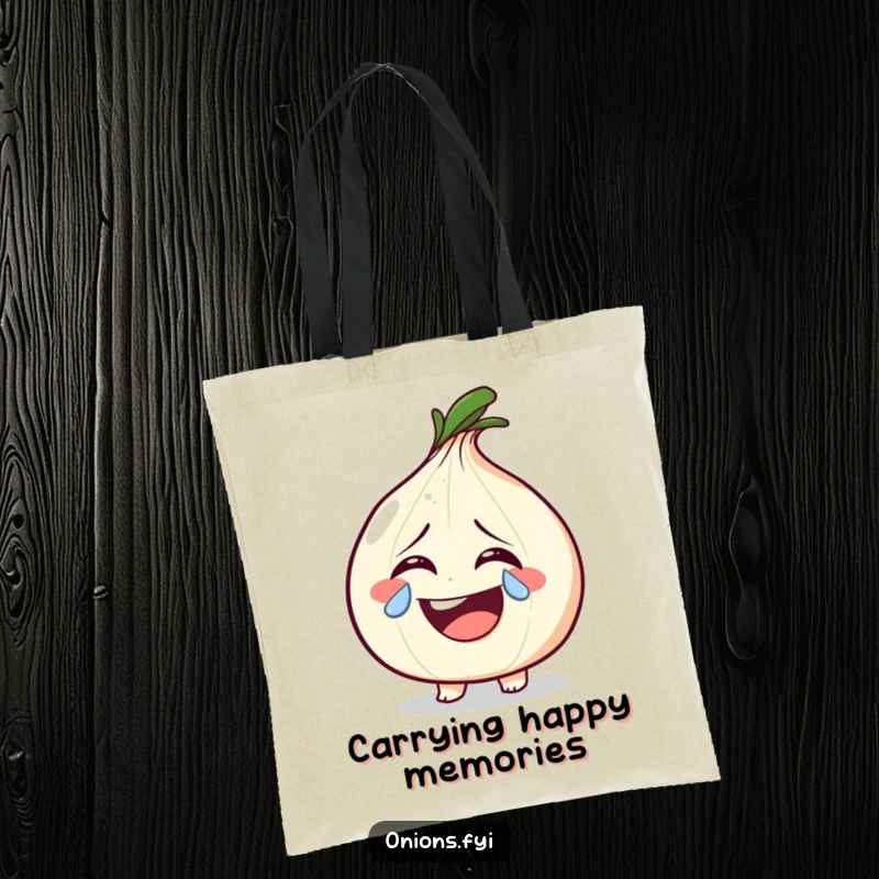 Funny onion character shedding a sparkly tear from laughter on a tote bag, embodying infectious joy and humor.