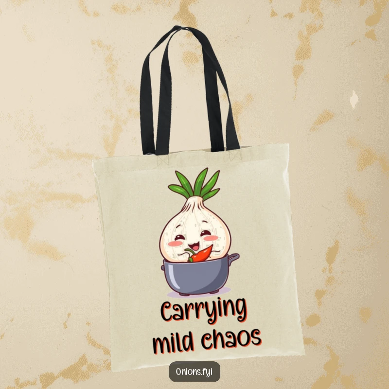 Funny onion character with a sly smile, placing a chili pepper into a pot, on a tote bag.