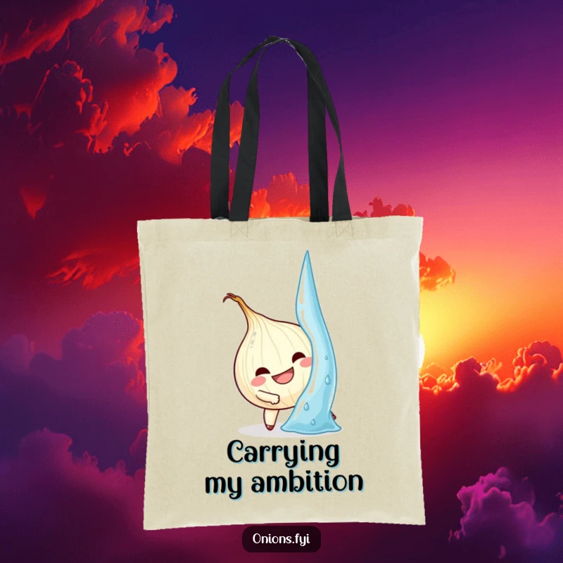 Funny Onion Tote Bag: Determined onion character climbs a gigantic water droplet, a comical yet inspiring image.